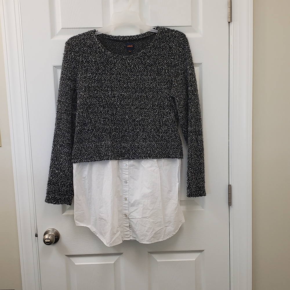 Jag, black grey white, long sleeve, scoop neck, sweater dress shirt, XL vtg 80s
